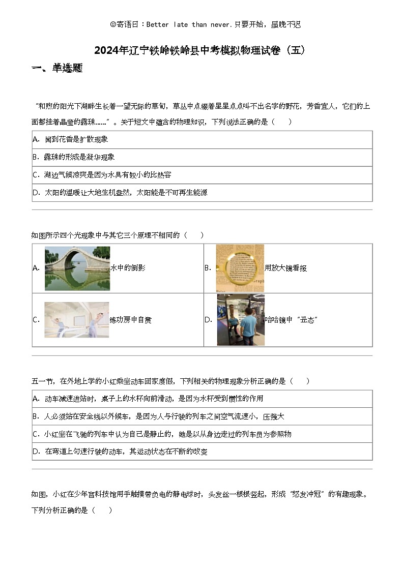 2024年辽宁铁岭铁岭县中考模拟物理试卷（五）01