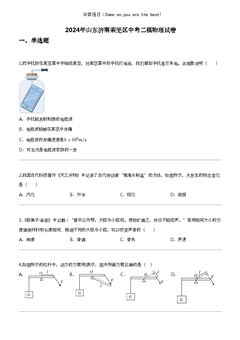 2024年山东济南莱芜区中考二模物理试卷第1页
