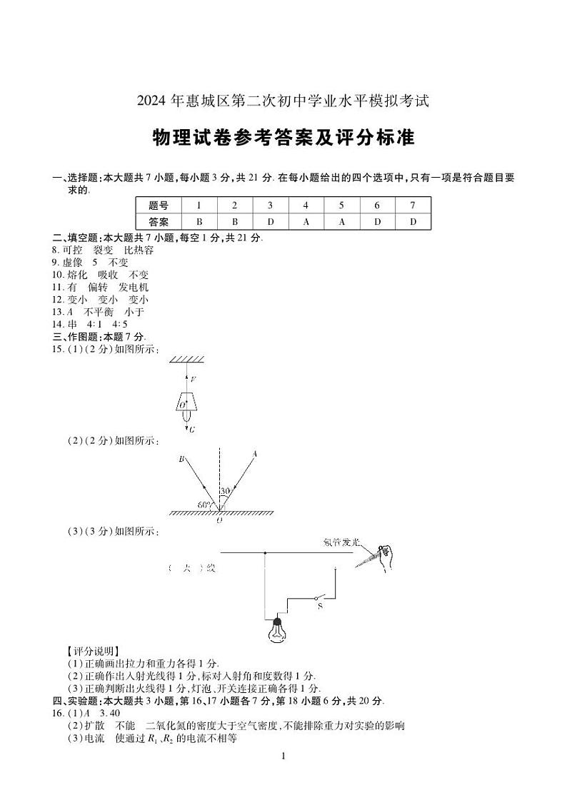 04-2024物理答案惠城区第二次初中学业水平模拟考试01