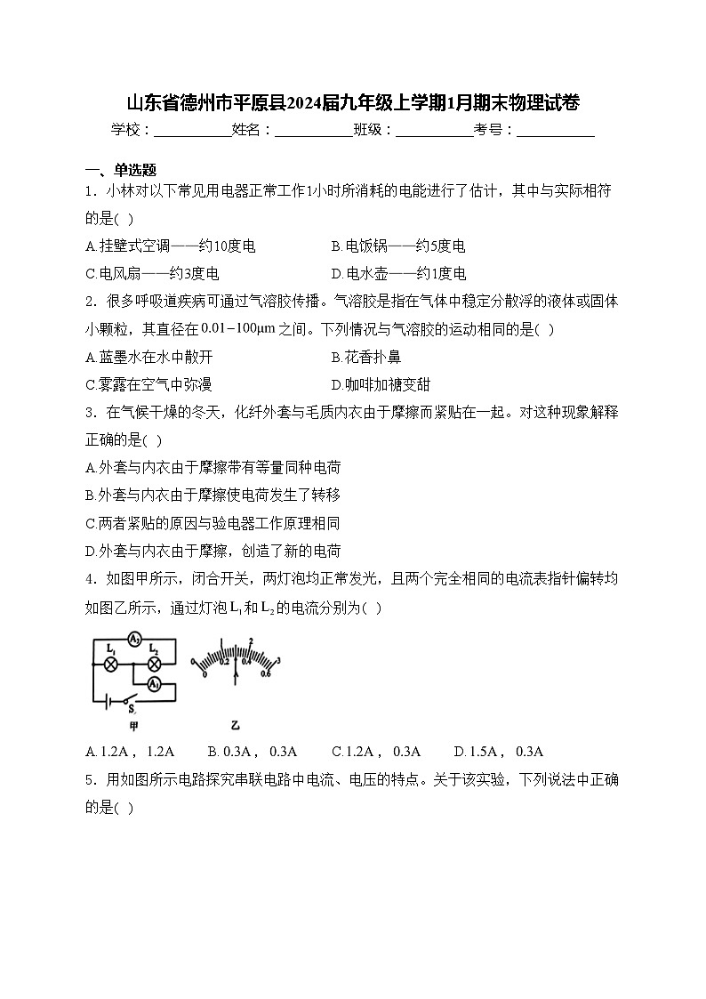 山东省德州市平原县2024届九年级上学期1月期末物理试卷(含答案)第1页