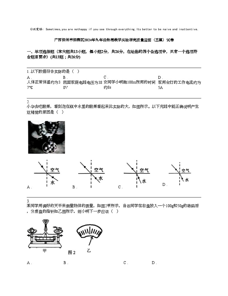 广西柳州市柳南区2024年九年级物理教学实验研究质量监测（三模）试卷01