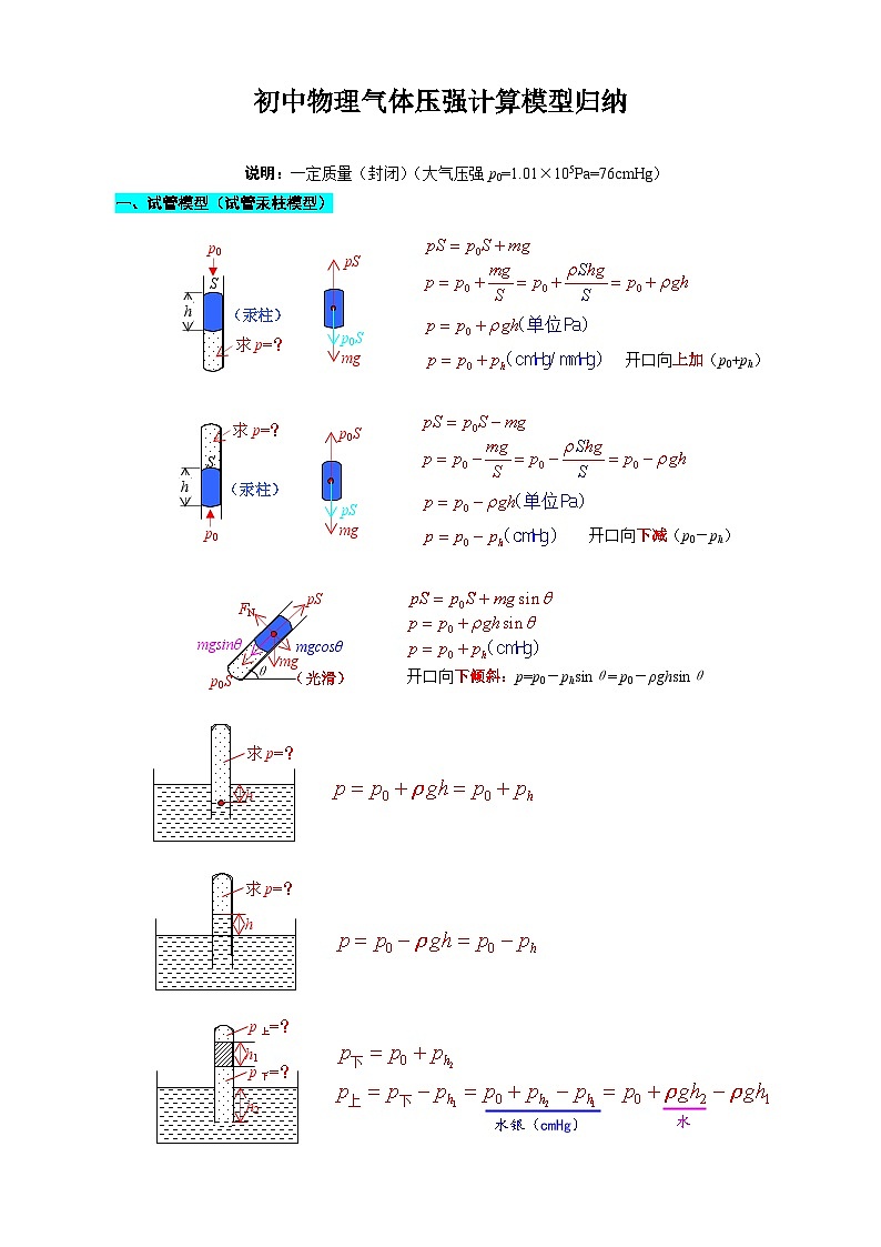 2024年中考物理复习《初中物理气体压强计算模型归纳》（精品讲义）第1页