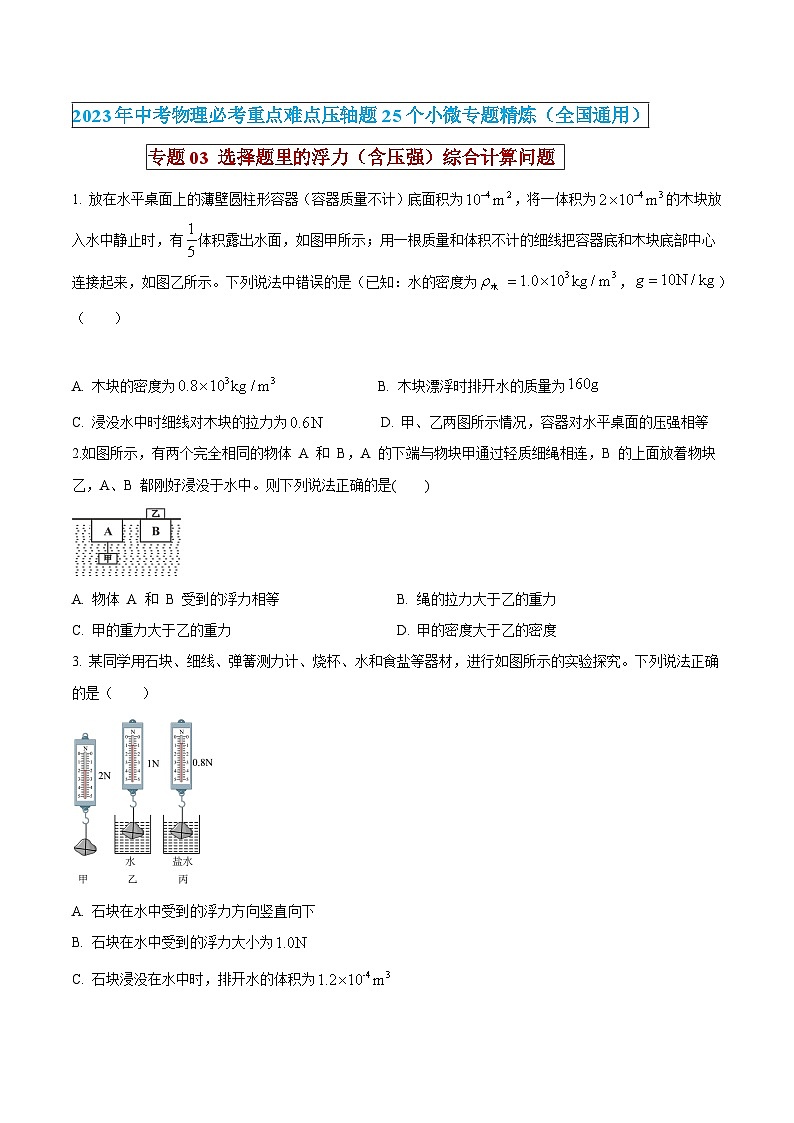 中考物理必考重难点压轴专题精炼(高分突破)专题03选择填空题里的浮力(含压强)综合计算问题(原卷版+解析)01
