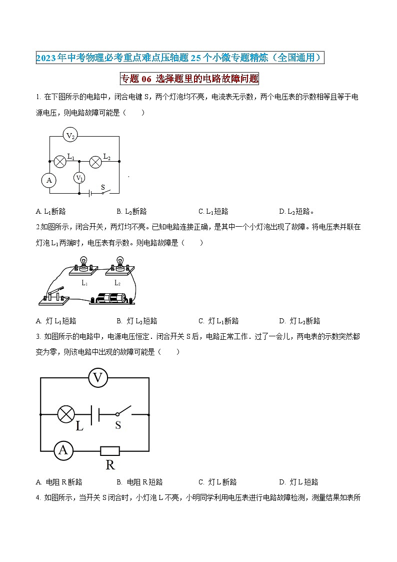 中考物理必考重难点压轴专题精炼(高分突破)专题06选择题里的电路故障问题(原卷版+解析)01