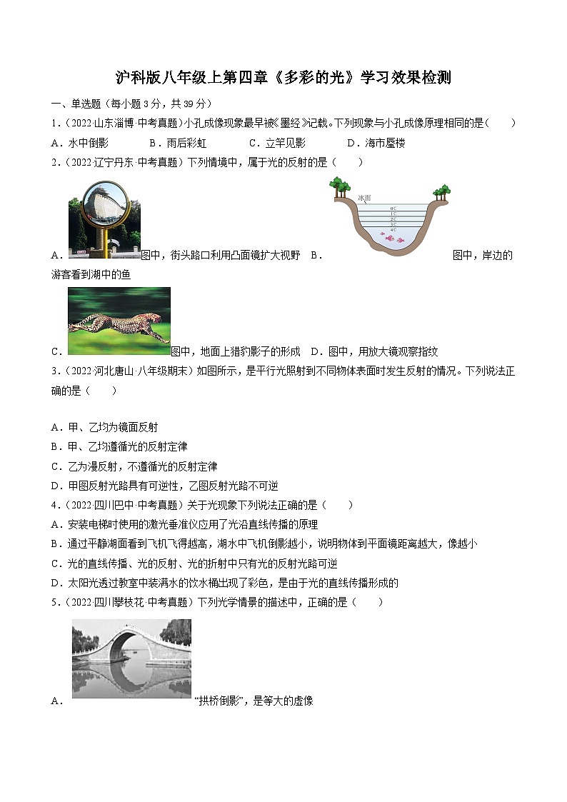 沪科版八年级物理全一册同步练习第四章多彩的光学习效果检测(原卷版+解析)第1页
