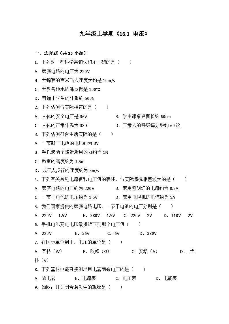 2024年初中物理同步练习《16.1+电压》第1页