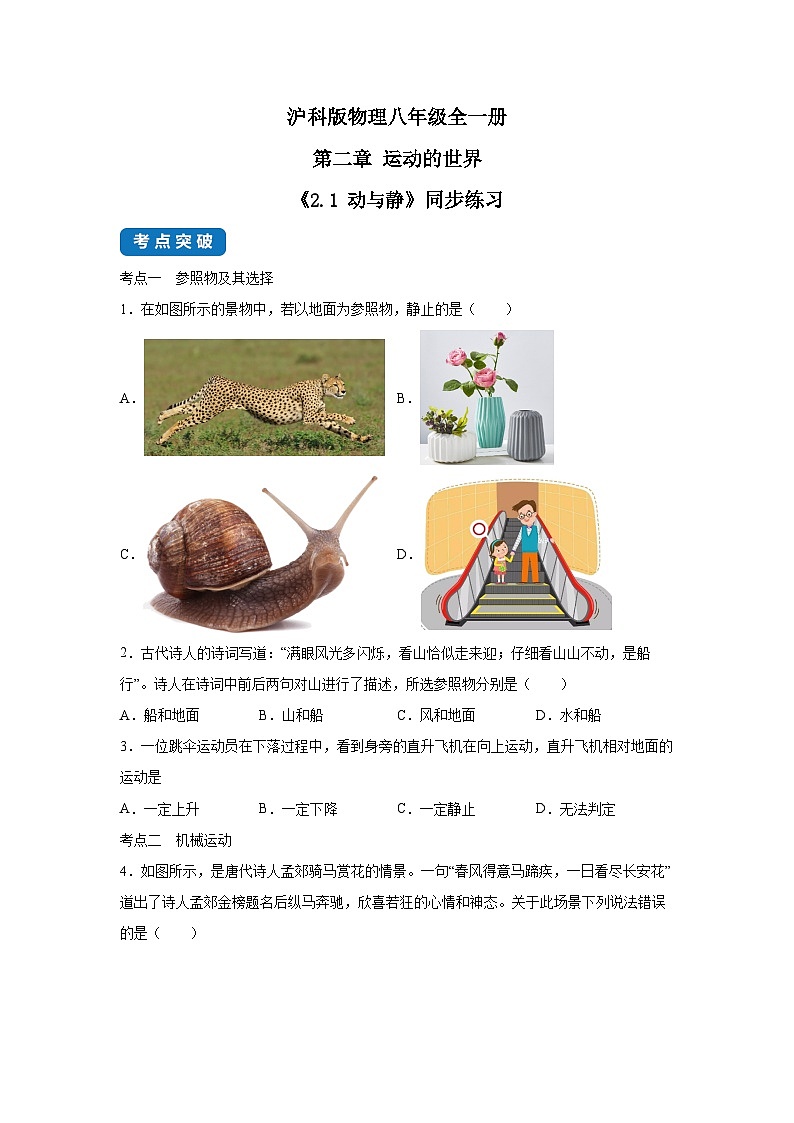 【核心素养目标】沪科版+初中物理 八年级全一册 1.1 动与静 课件+教案+练习（含教学反思和答案）01