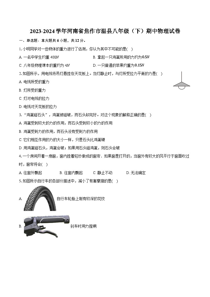 河南省焦作市温县2023-2024学年八年级下学期期中考试物理试卷第1页