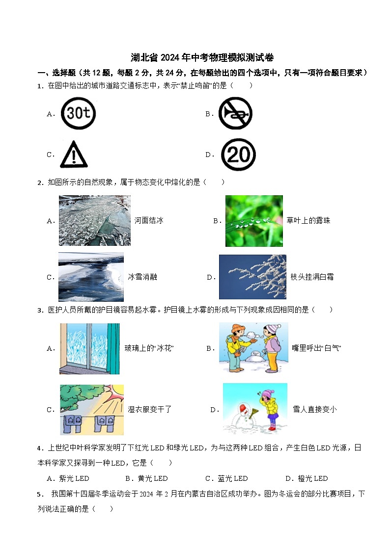 2024年湖北省中考物理模拟测试卷01