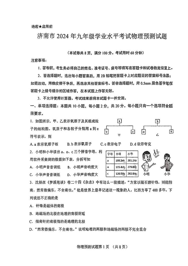 2024年山东省济南市历城区济南外国语学校中考模拟预测物理试题第1页