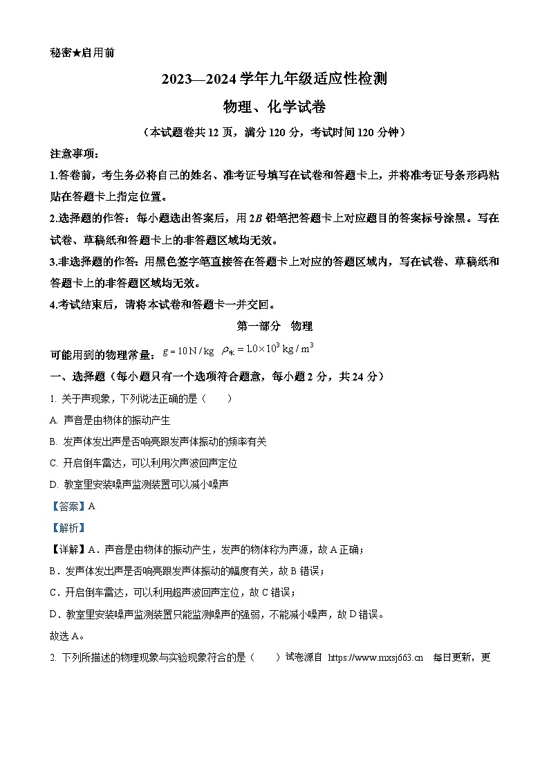 2024年湖北省咸宁市2023—2024学年中考适应性检测物理试题01
