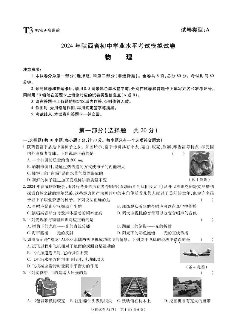 2024年陕西省宝鸡市陇县初中学业水平考试物理试卷第1页