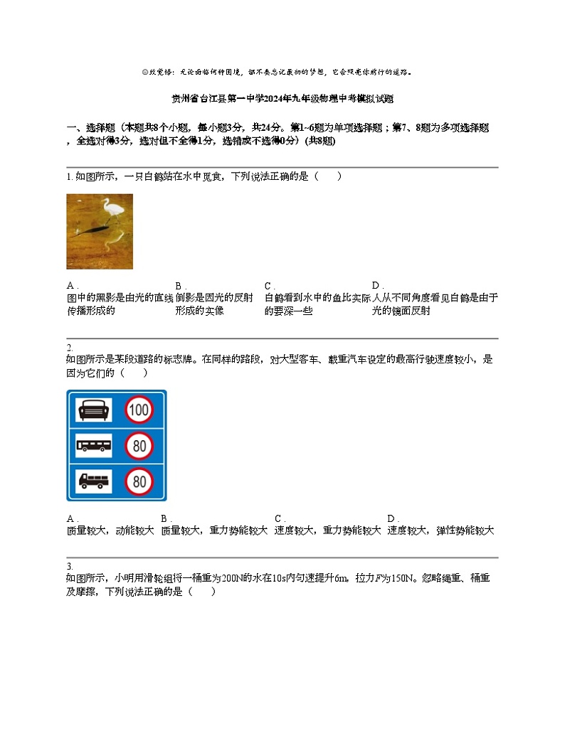 贵州省台江县第一中学2024年九年级物理中考模拟试题第1页