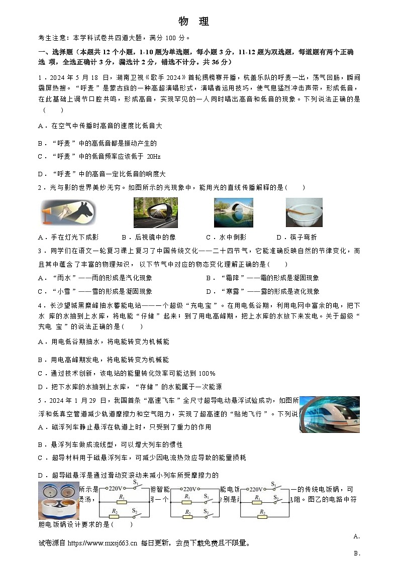 2024年湖南省长沙市青竹湖湘一外国语学校中考三模考试物理试题01