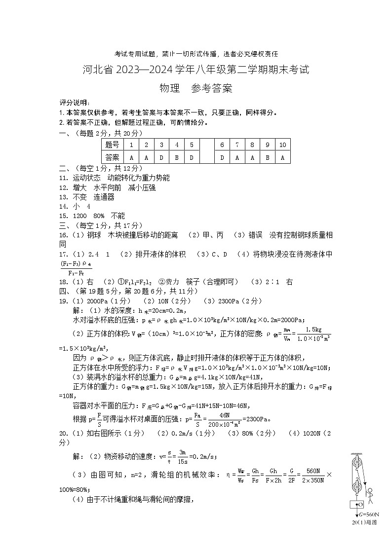 河北省邢台市部分校2023-2024学年八年级下学期期末联考物理试题第1页