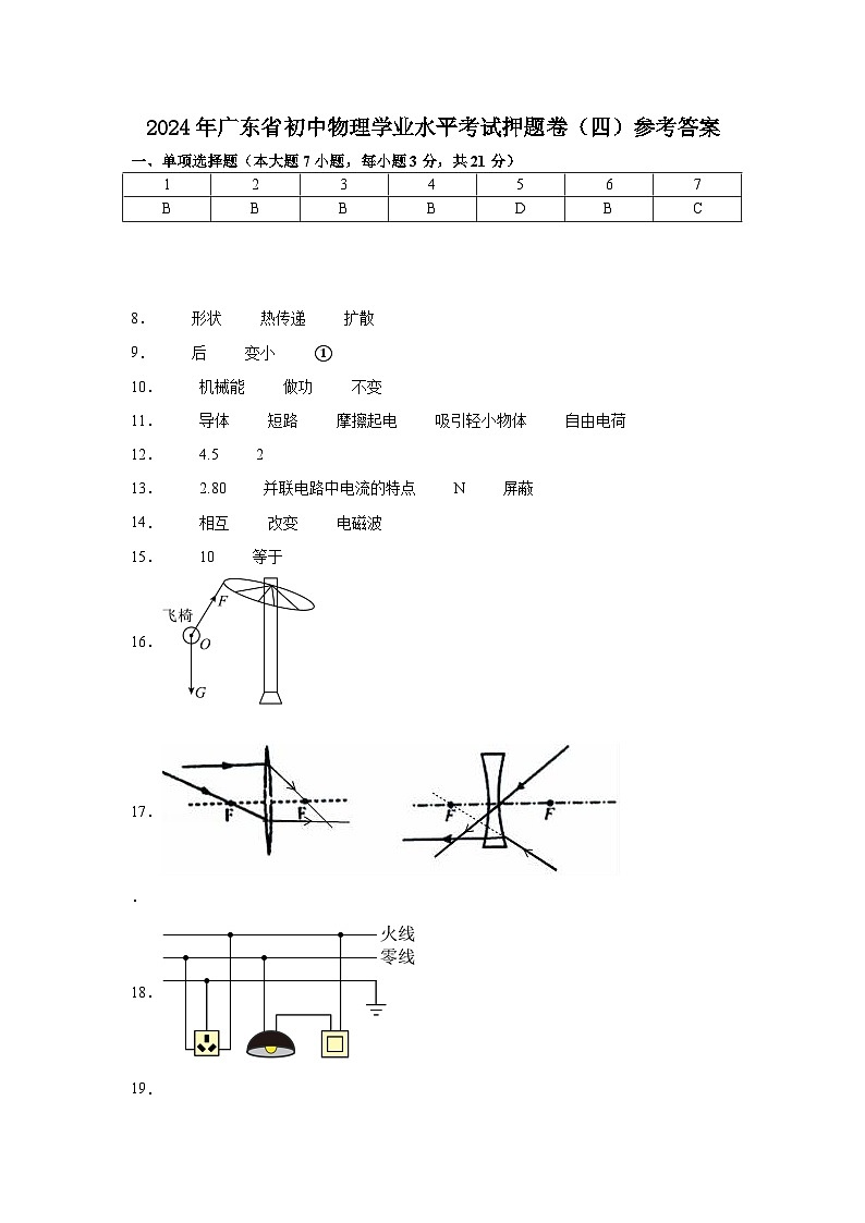 2024年广东省初中物理学业水平考试押题卷（四）答案01