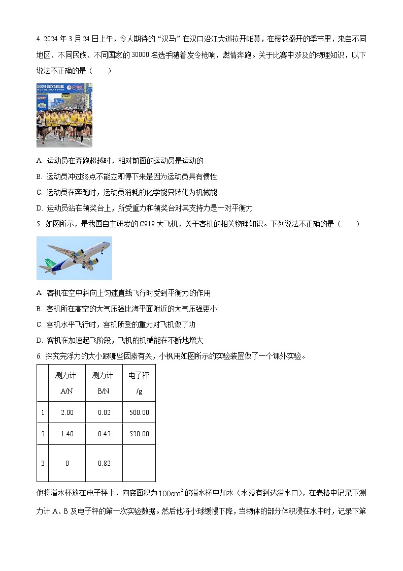 2024年湖北省武汉市武昌区中考（五调）物理试题（原卷版）第2页