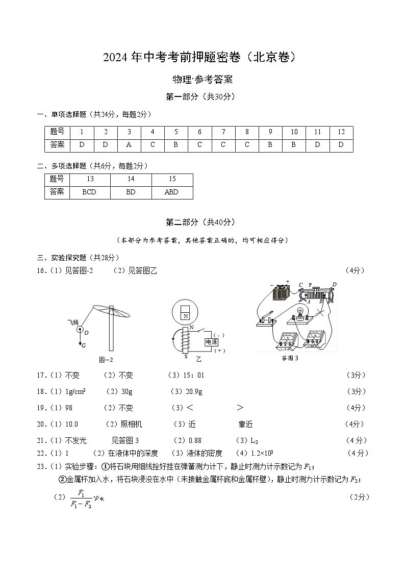 物理（北京卷）（参考答案及评分标准）第1页