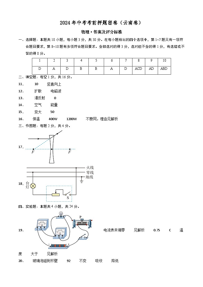 2024年中考物理考前押题卷 物理（云南卷）01