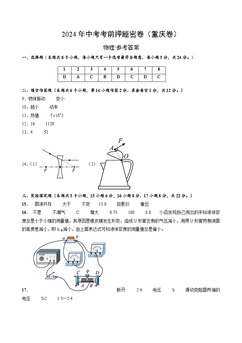 2024年中考物理考前押题卷 物理（重庆卷）01