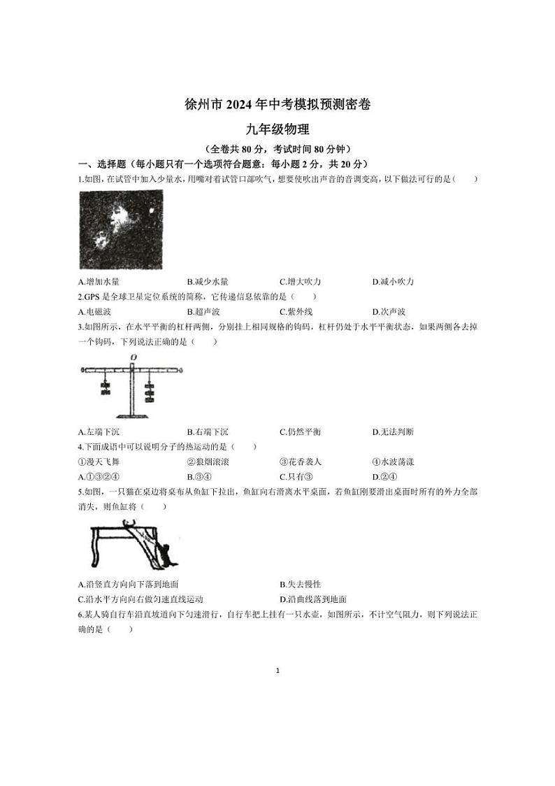 2024年江苏省徐州市沛县第五中学中考模拟预测物理试题(含答案)01