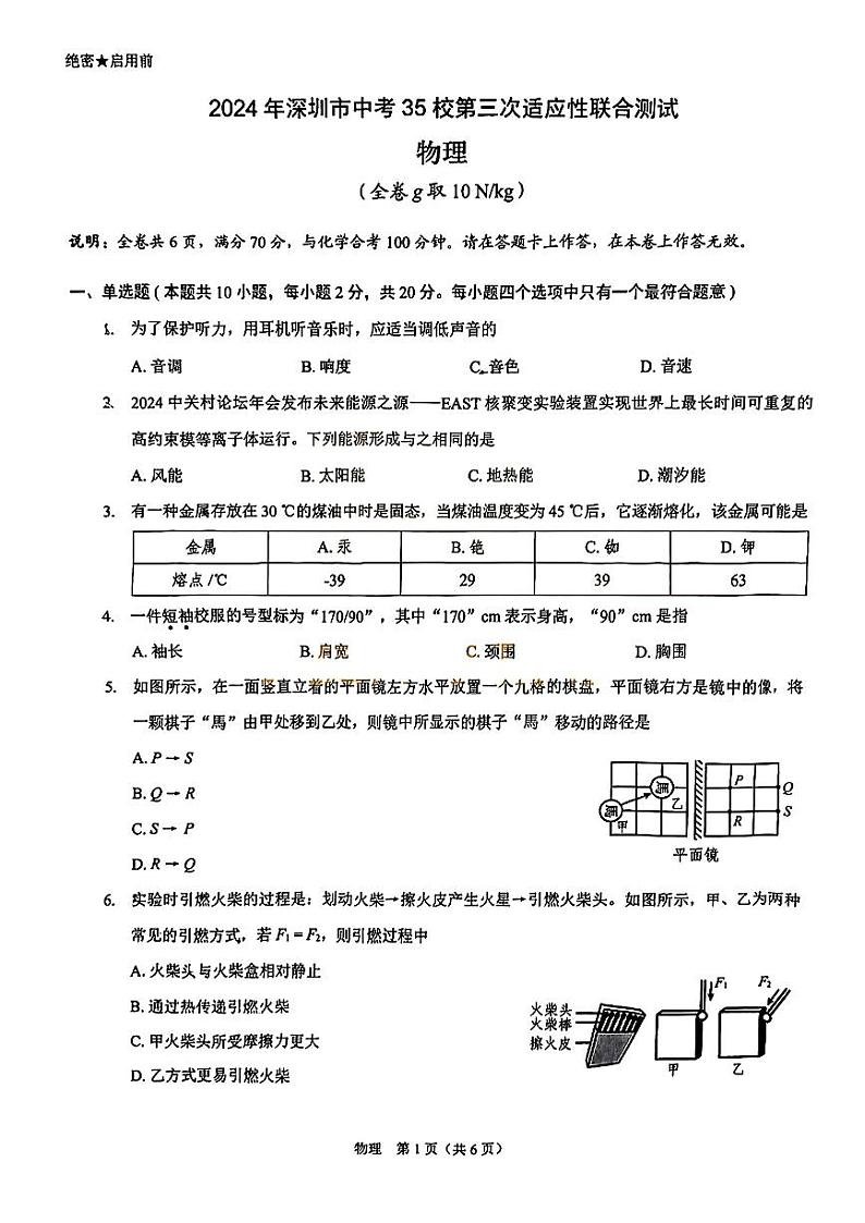 2024年广东省深圳市龙岗区35校中考三模考试物理试题01