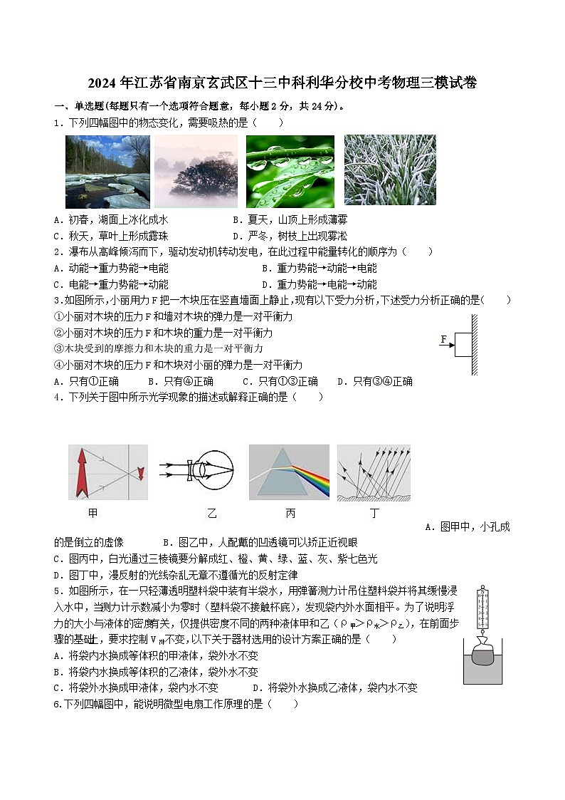 2024年江苏省南京市玄武区十三中科利华分校中考物理三模试卷第1页