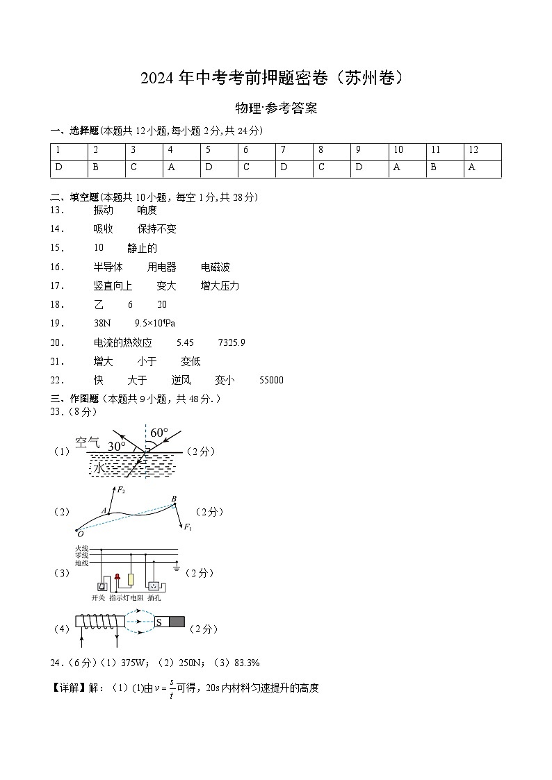 物理（苏州卷）（参考答案及评分标准）第1页
