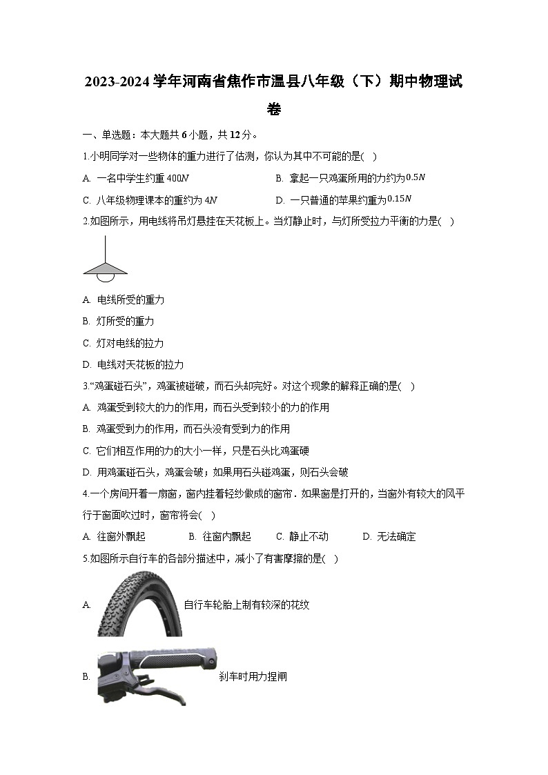 【物理】河南省焦作市温县2023-2024学年八年级下学期期中考试试卷01