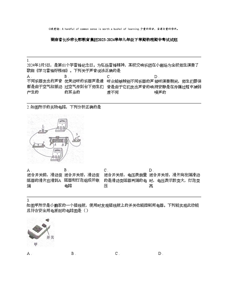 【物理】湖南省长沙市长郡教育集团2023-2024学年九年级下学期物理期中考试试题01