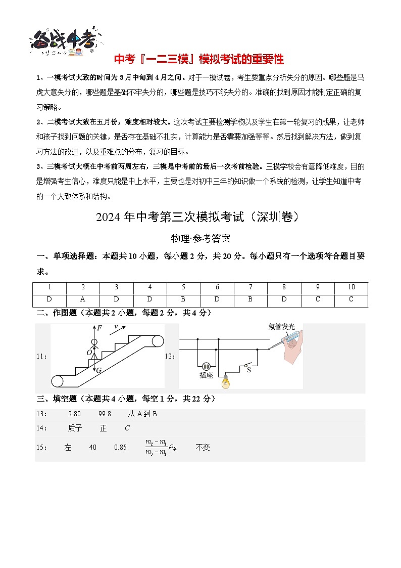 物理（深圳卷）（参考答案及评分标准）第1页