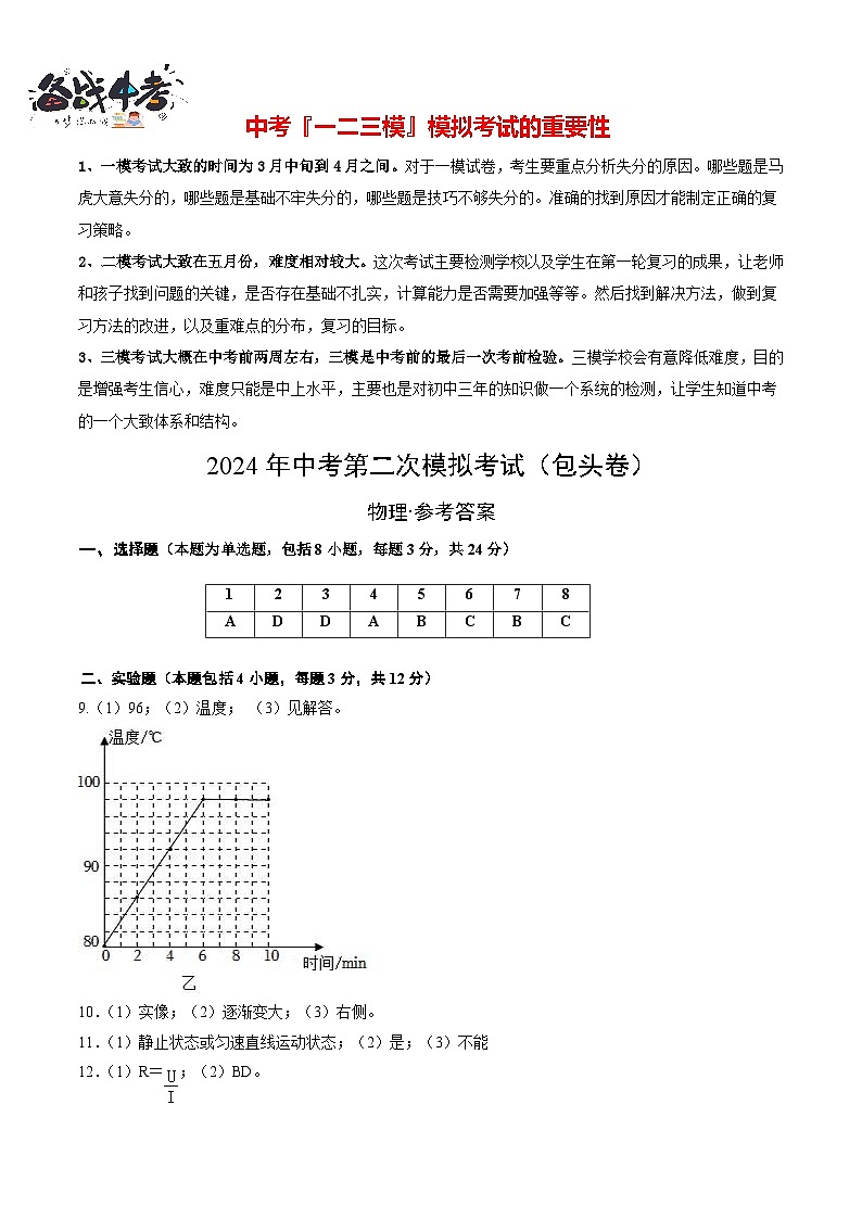 物理（包头卷）（参考答案及评分标准）第1页