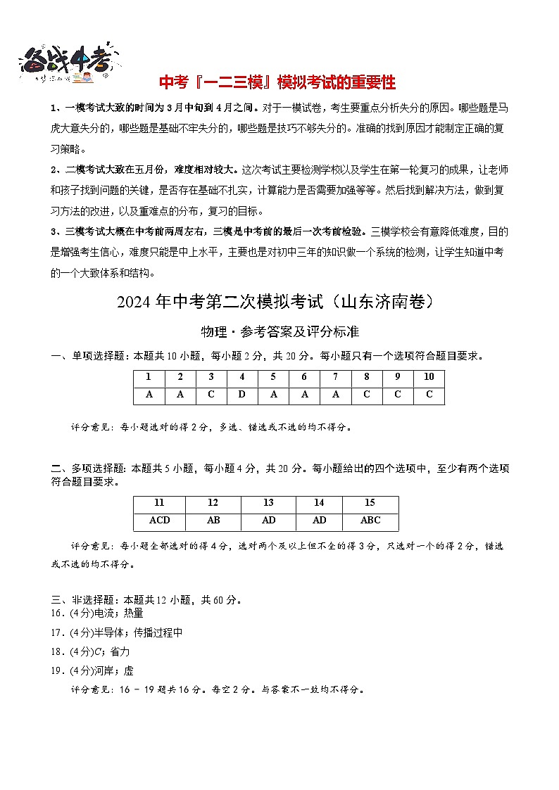 2024年中考物理第二次模拟考试（山东济南卷）01