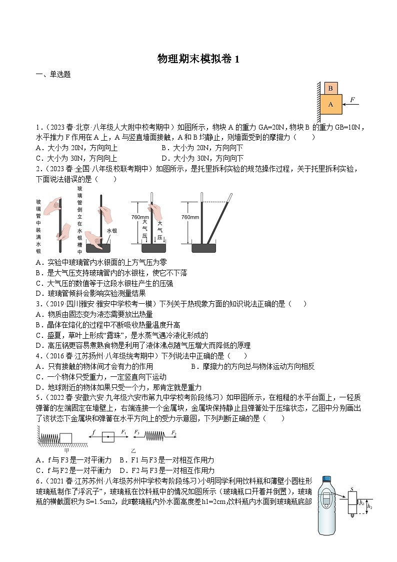 2024年江苏省南京市玄武区玄武外国语学校八年级下学期物理期末模拟卷1第1页