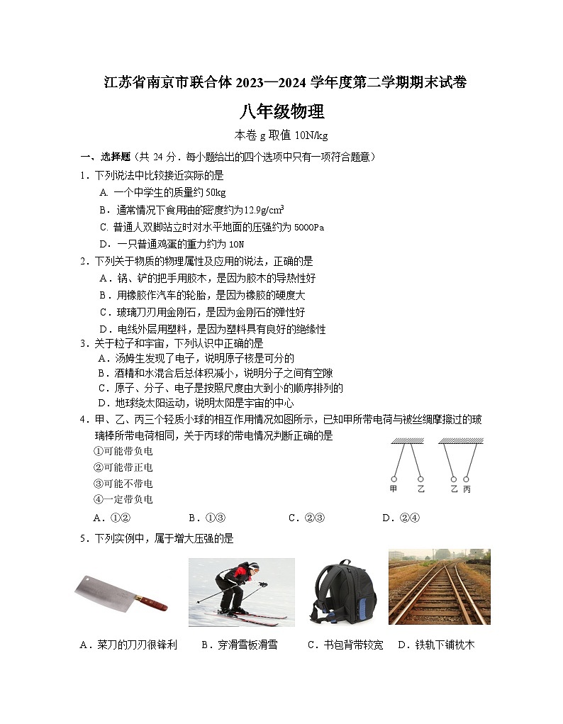 江苏省南京市联合体2023—2024学年度下学期八年级物理期末试卷第1页