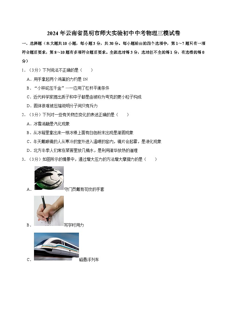 2024年云南省昆明市师大实验初中中考物理三模试卷01
