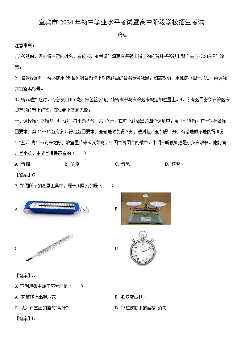 [物理]四川省宜宾市2024年中考真题01