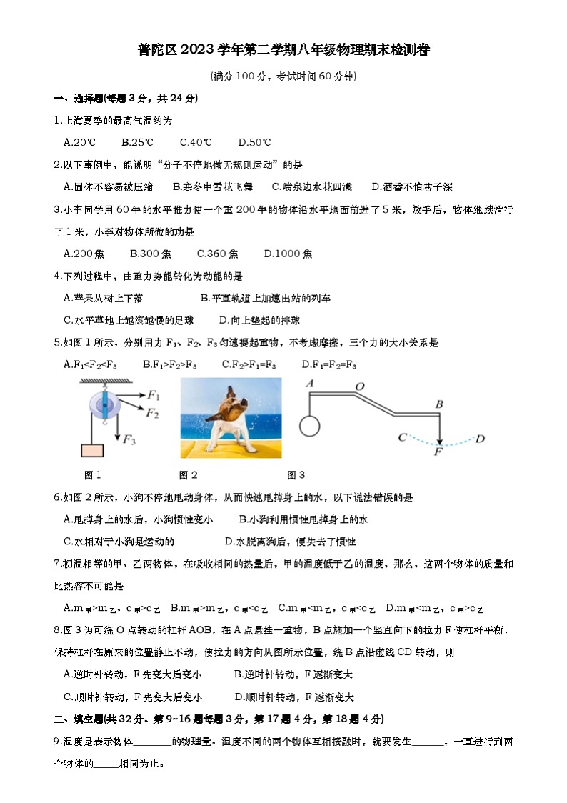 上海市普陀区2023-2024学年八年级下学期物理期末考试试卷第1页