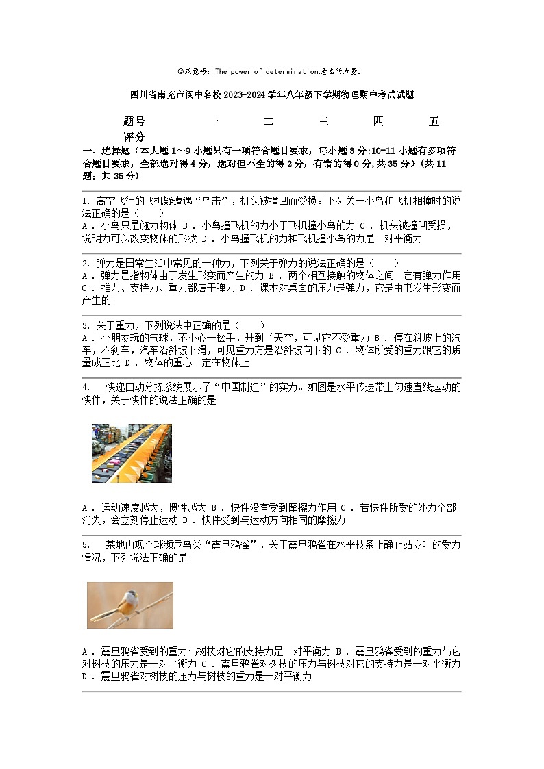 [物理]四川省南充市阆中名校2023-2024学年八年级下学期期中考试试题第1页