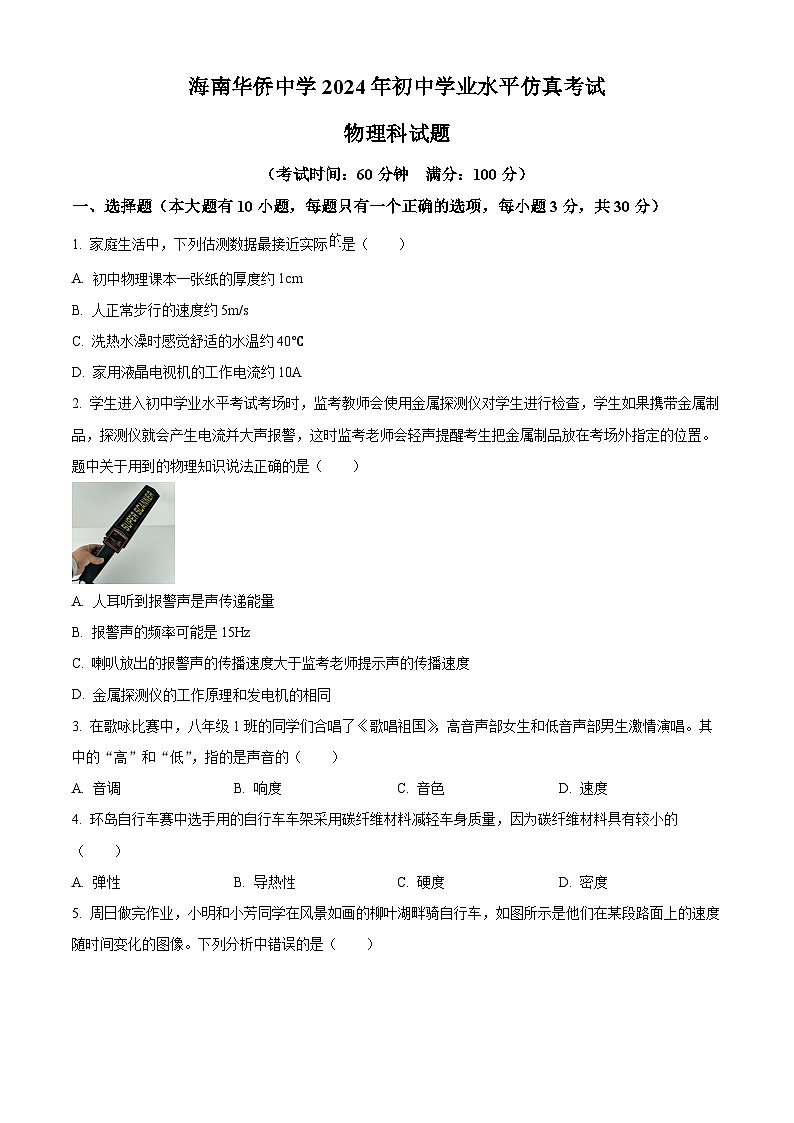 2024年海南省海口市龙华区海南华侨中学中考模拟预测物理试题（原卷版+解析版）第1页