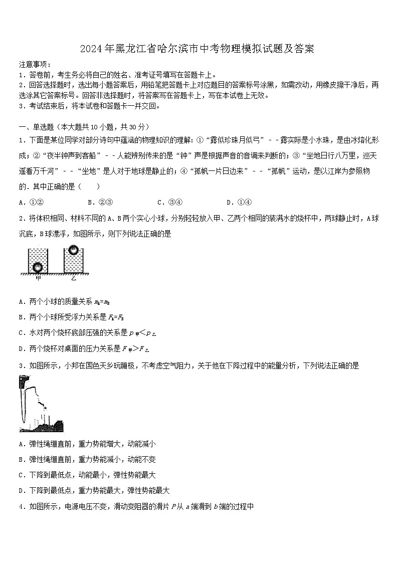 2024年黑龙江省哈尔滨市中考物理模拟试题及答案01