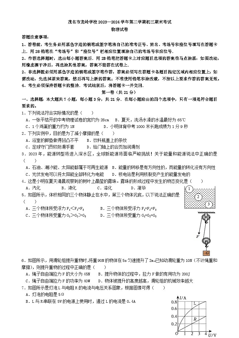广东省茂名市茂南区茂名市龙岭学校2023-2024学年九年级下学期6月期末物理试题01