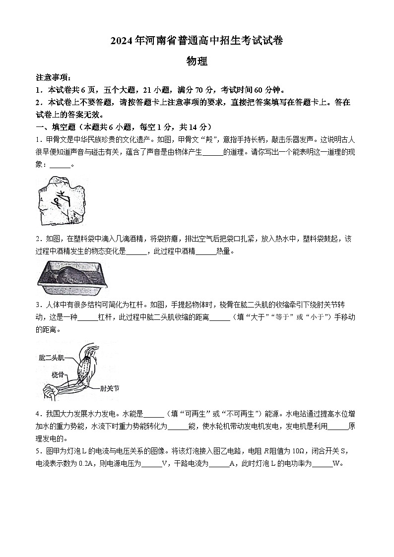 2024年河南省中考物理试题(无答案)01