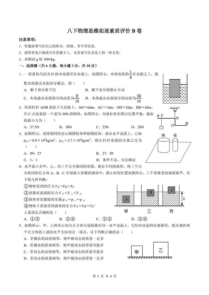 安徽省淮南市凤台县第四中学2023-2024学年八年级下学期物理竞赛试题B卷第1页