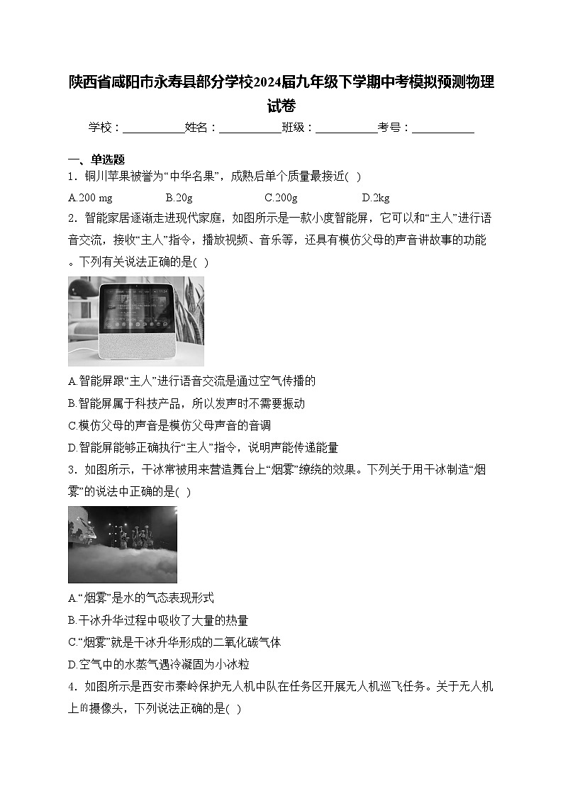 陕西省咸阳市永寿县部分学校2024届九年级下学期中考模拟预测物理试卷(含答案)01