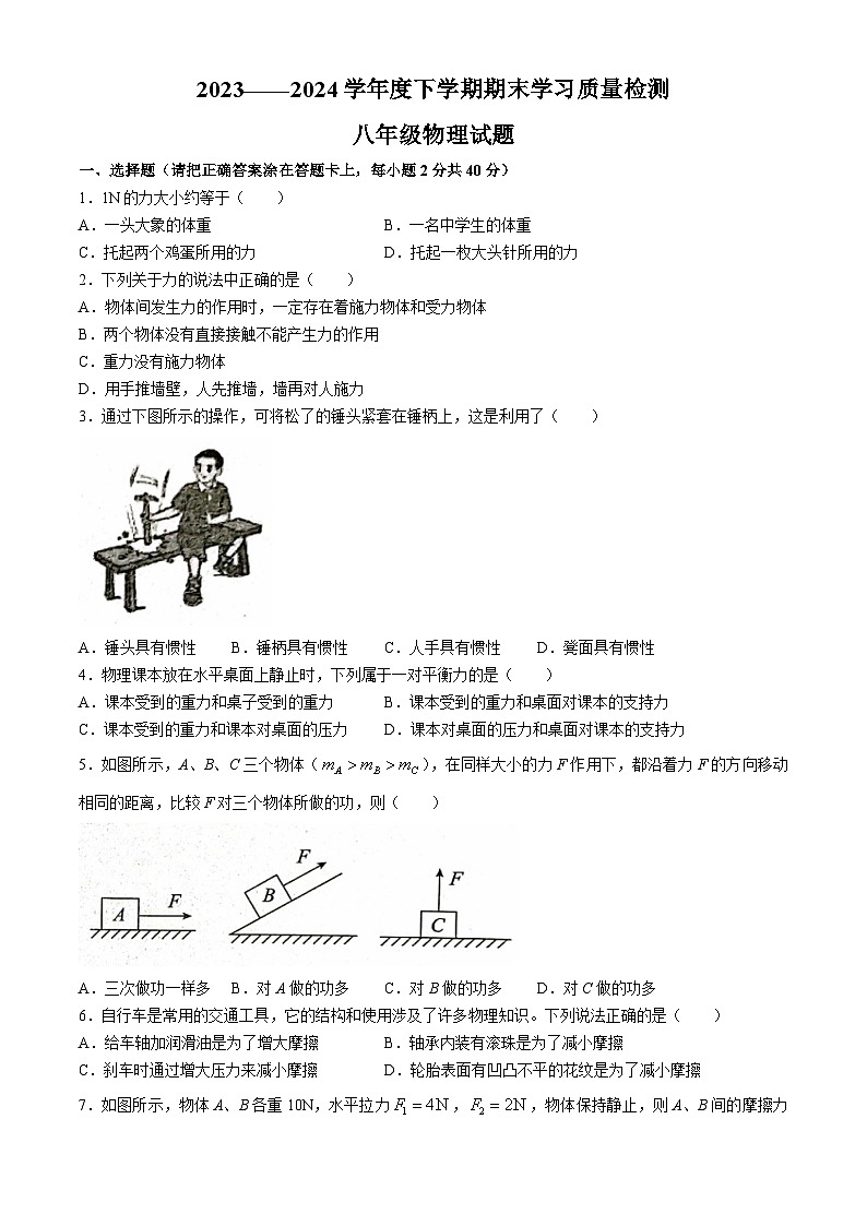 湖北省襄阳市枣阳市2023-2024学年八年级下学期6月期末物理试题(无答案)01