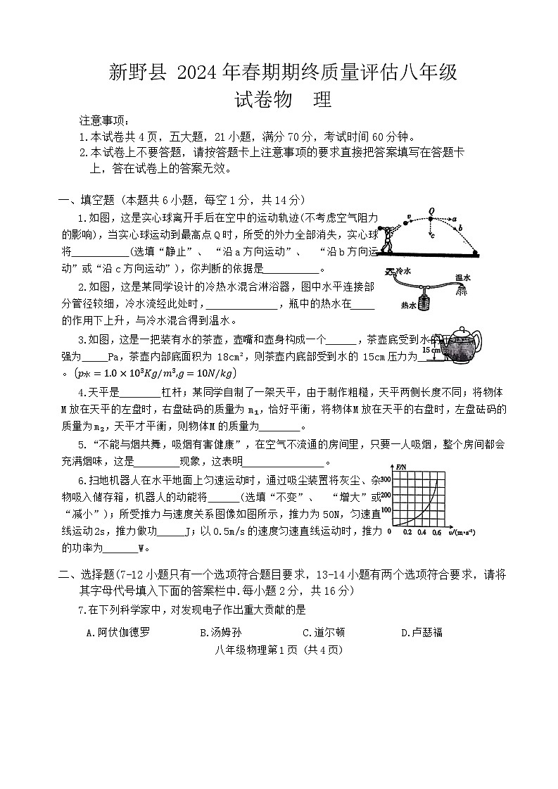 河南省南阳市新野县2023-2024学年八年级下学期期末物理试题01