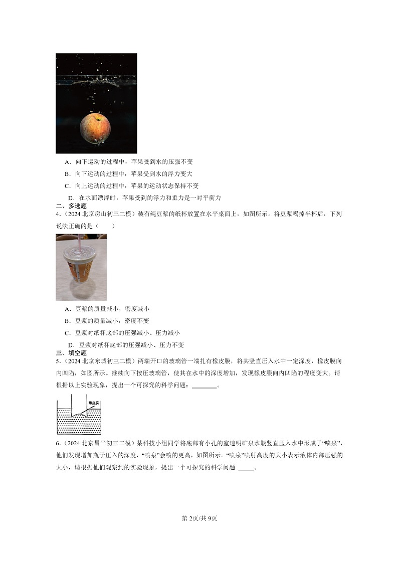 [物理][二模]2024北京初三试题分类汇编：探究液体压强第2页