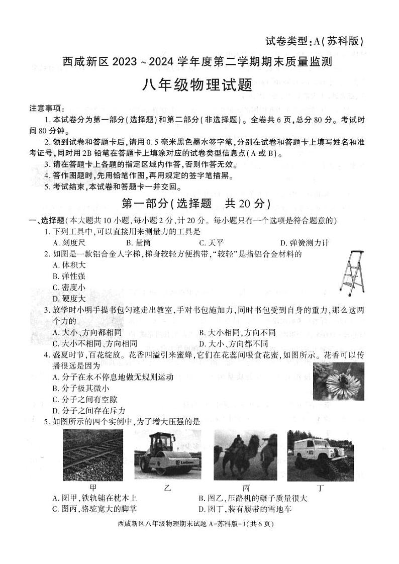 陕西省西安市西咸新区2023-2024学年八年级下学期6月期末物理试题第1页