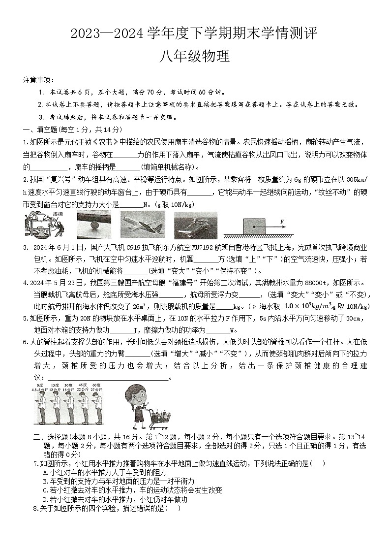 河南省驻马店市平舆县2023-2024学年八年级下学期期末物理试题01